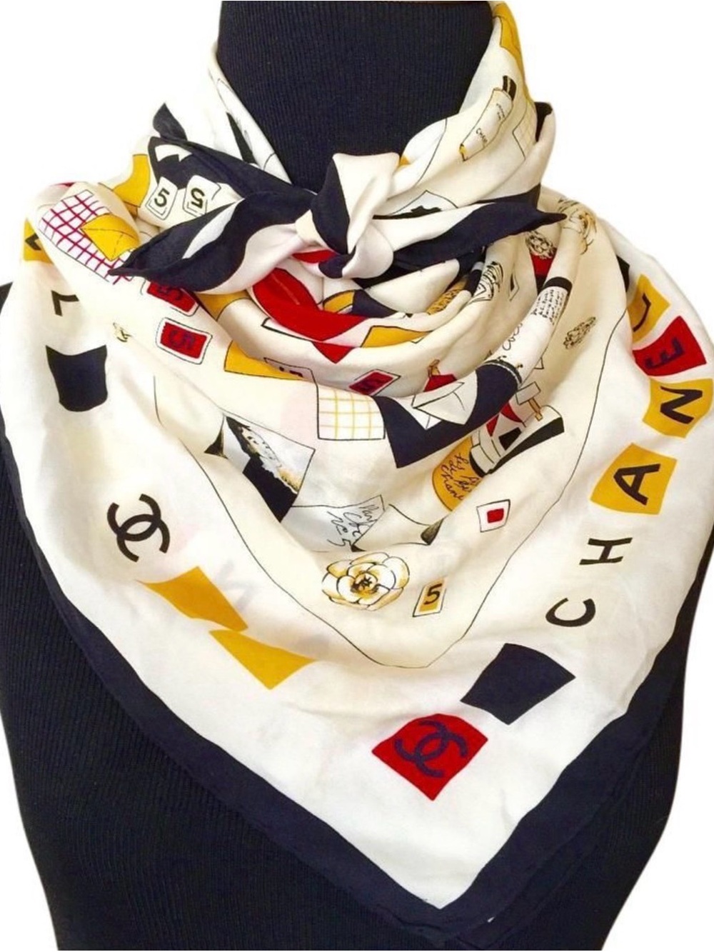 Chanel Cream, Black & Red Logo Silk Scarf
